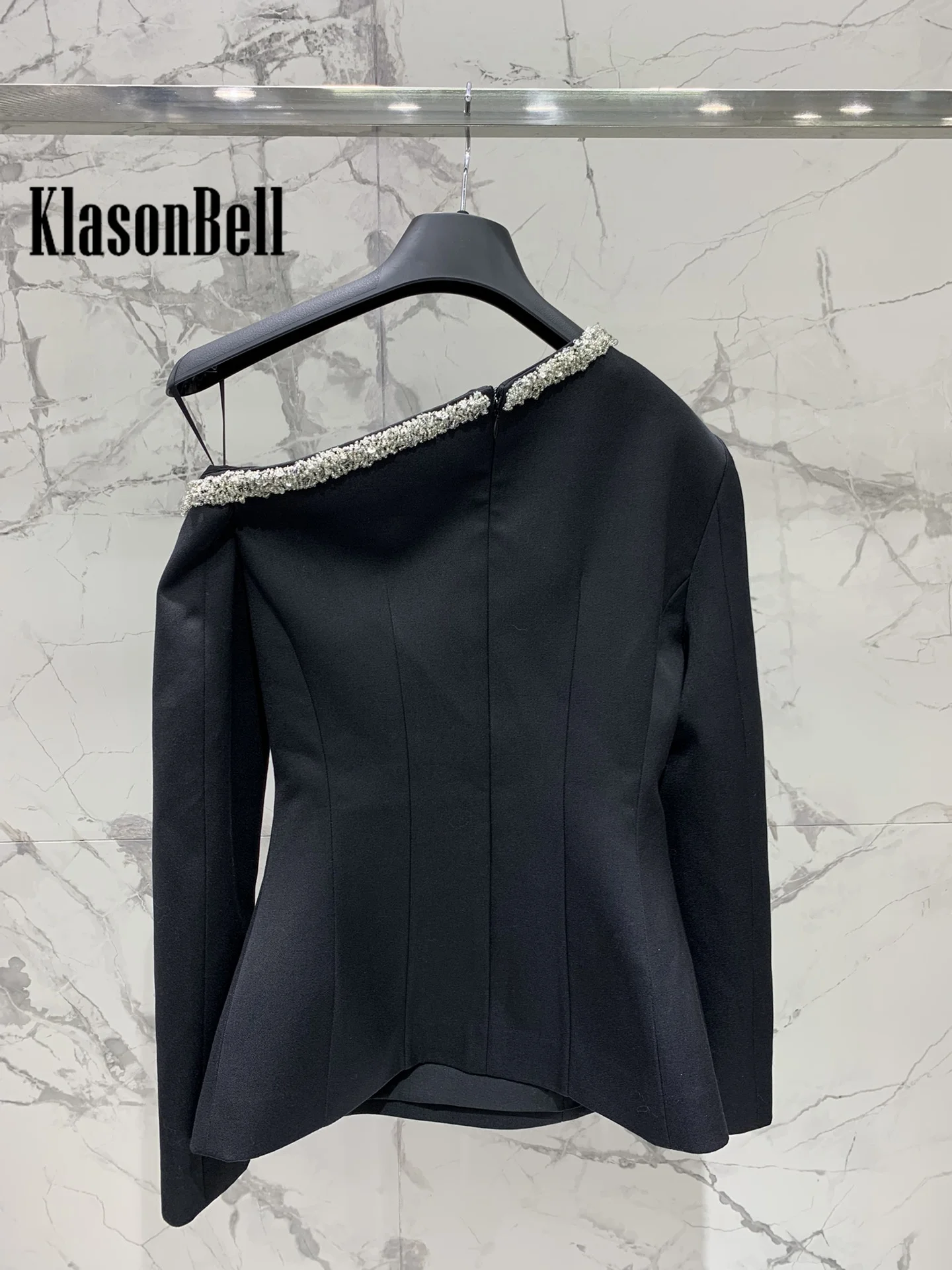 8.4 KlasonBell Women Elegant Sexy One Off-Shoulder Skew Collar Long Sleeve Blouse Autumn New Hand Beading Collect Waist Top