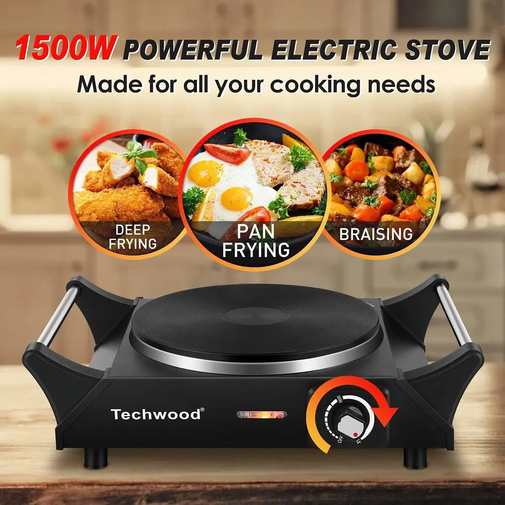 1500W Countertop Single Burner with Adjustable Temperature and Handles, 7.3” Cooktop for RV/Home/Camp, Compatible with All Cookw