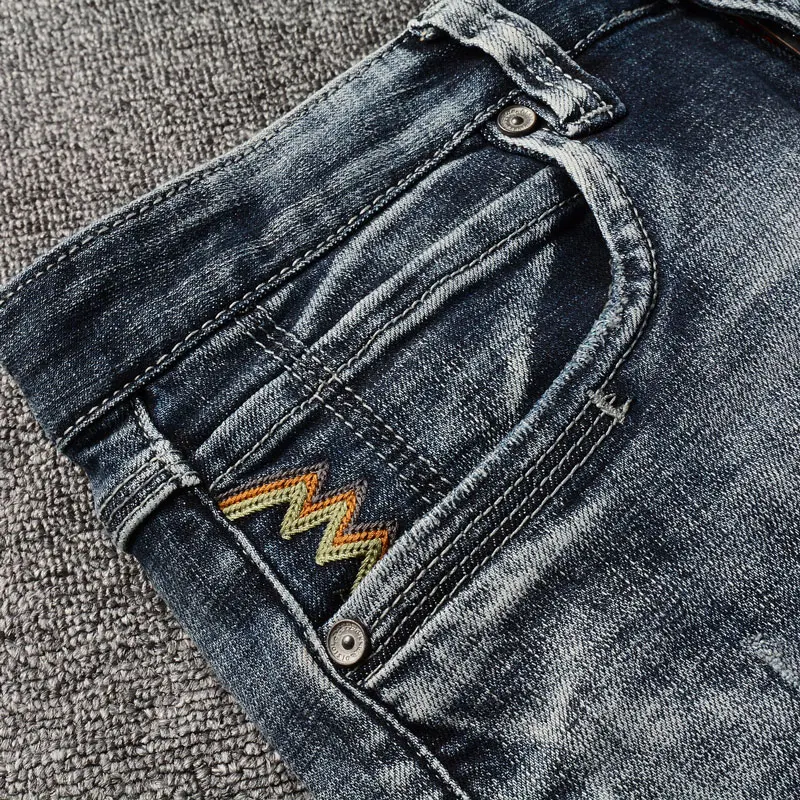 Italian Style Fashion Men Jeans Retro Blue Gray Elastic Stretch Slim Fit Ripped Jeans Men Embroidery Designer Vintage Pants