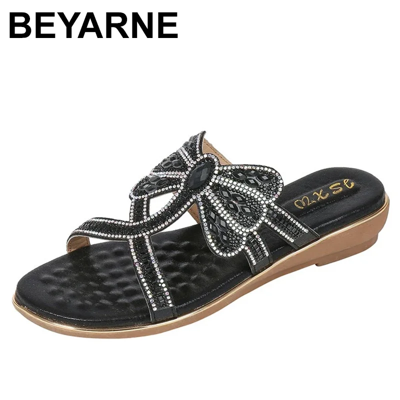 BEYARNE Women Sandals Slippers Design Pierced Rhinestone Bohemia Sequins Slides Fashion Square Heel Summer Dress Party Sandles