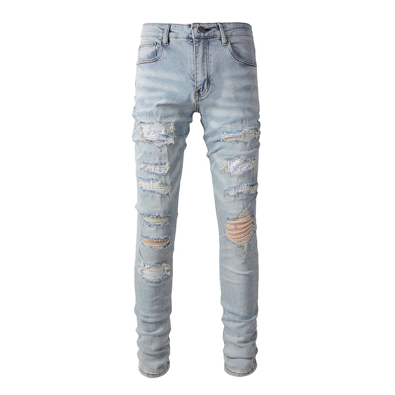 Street Fashion Men Hole Splicing Rhinestones Patchwork Jeans Light Blue Stretch Crystal Skinny Fit Ripped Jeans Hip Hop Pants