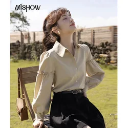 Mishow 2021 camisas de inverno para mulheres gola virada para baixo sólida manga longa senhora do escritório casual manga puff roupas femininas mxa41c0144