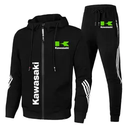 Sweat à capuche et pantalon de course de moto Kawasaki pour hommes, ensembles de pantalons décontractés, sweat-shirt à fermeture éclair pour hommes, manteau de sport imbibé, printemps, automne, 2024