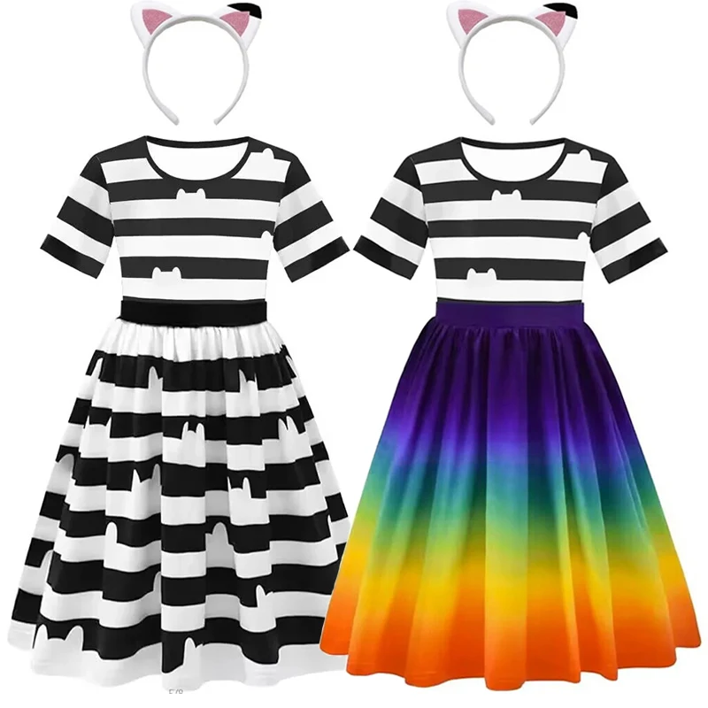 

GIrls Summer Casual Outfit Sets Children Gabby Dollhouse Same Style Cosplay Costume Kid Carnival Rainbow Cat Striped Clothing