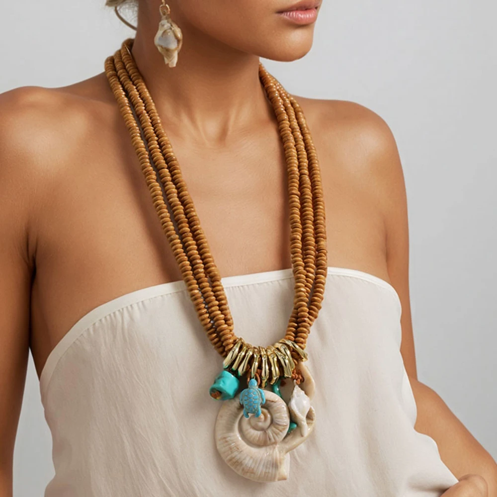 Statement-Boho-Perlen-Halskette mit Muschel-Anhänger, handgefertigt für Frauen, Hochzeit, Party, Schmuck