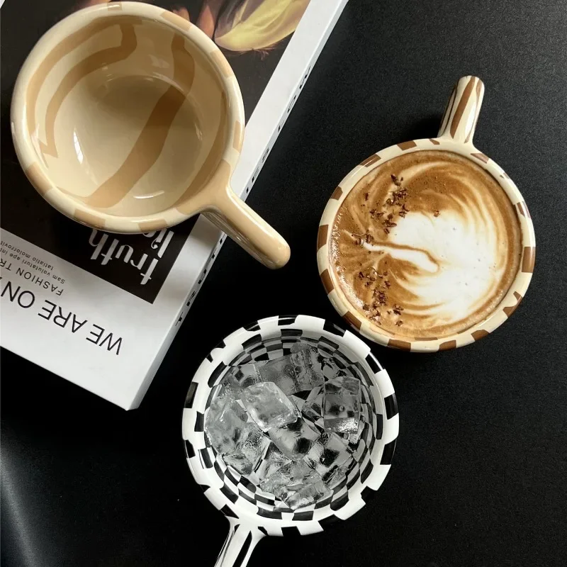 1pc Creative Ceramic Checkered Pattern Tea Cup, Irregular Chessboard Coffee Cup