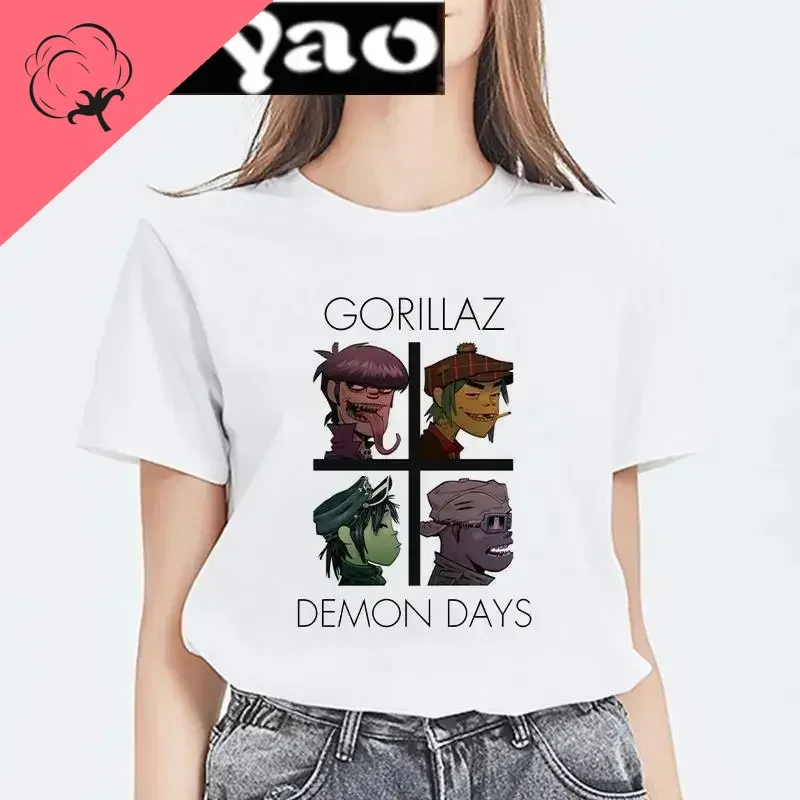 Gorillaz TShirt For Women Harajuku White Shirts Casual Tee Lady Summer Short-sleev O-neck Tee Fashion Printed Top Kawaii Clothes