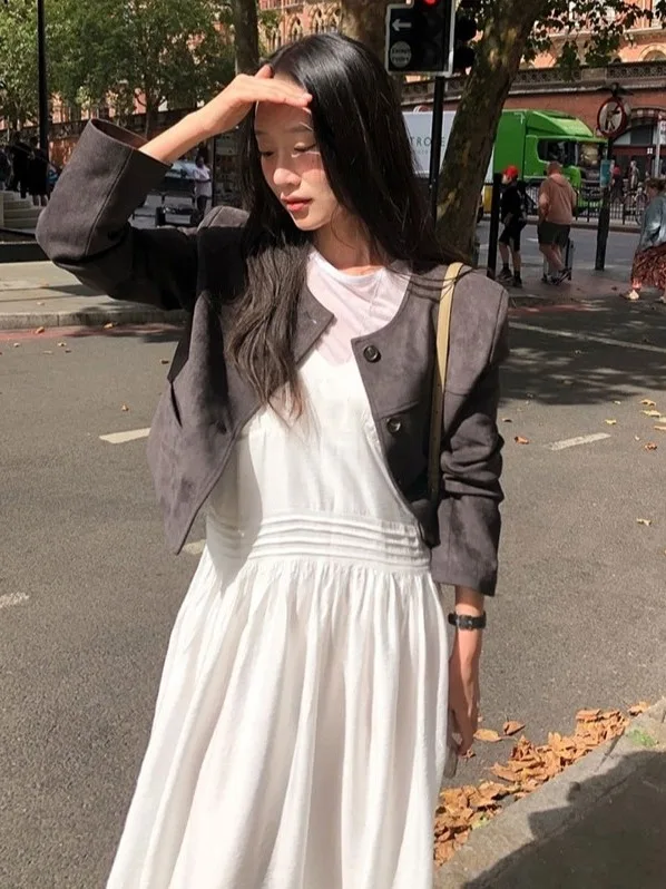 Koreaanse Sle ort Suede Jaet dames chique zeemeerminjas met enkele knop, trendy losse pasvorm, normaal dun dagelijks gebruik