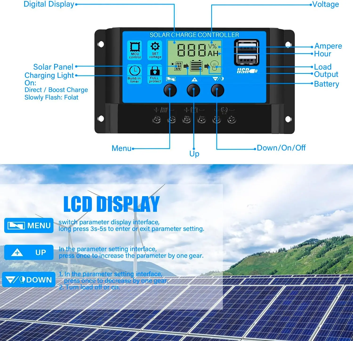 Solar Charge Controller 12V/24V PWM 10A 30A with Adjustable LCD Display Timer Setting ﻿