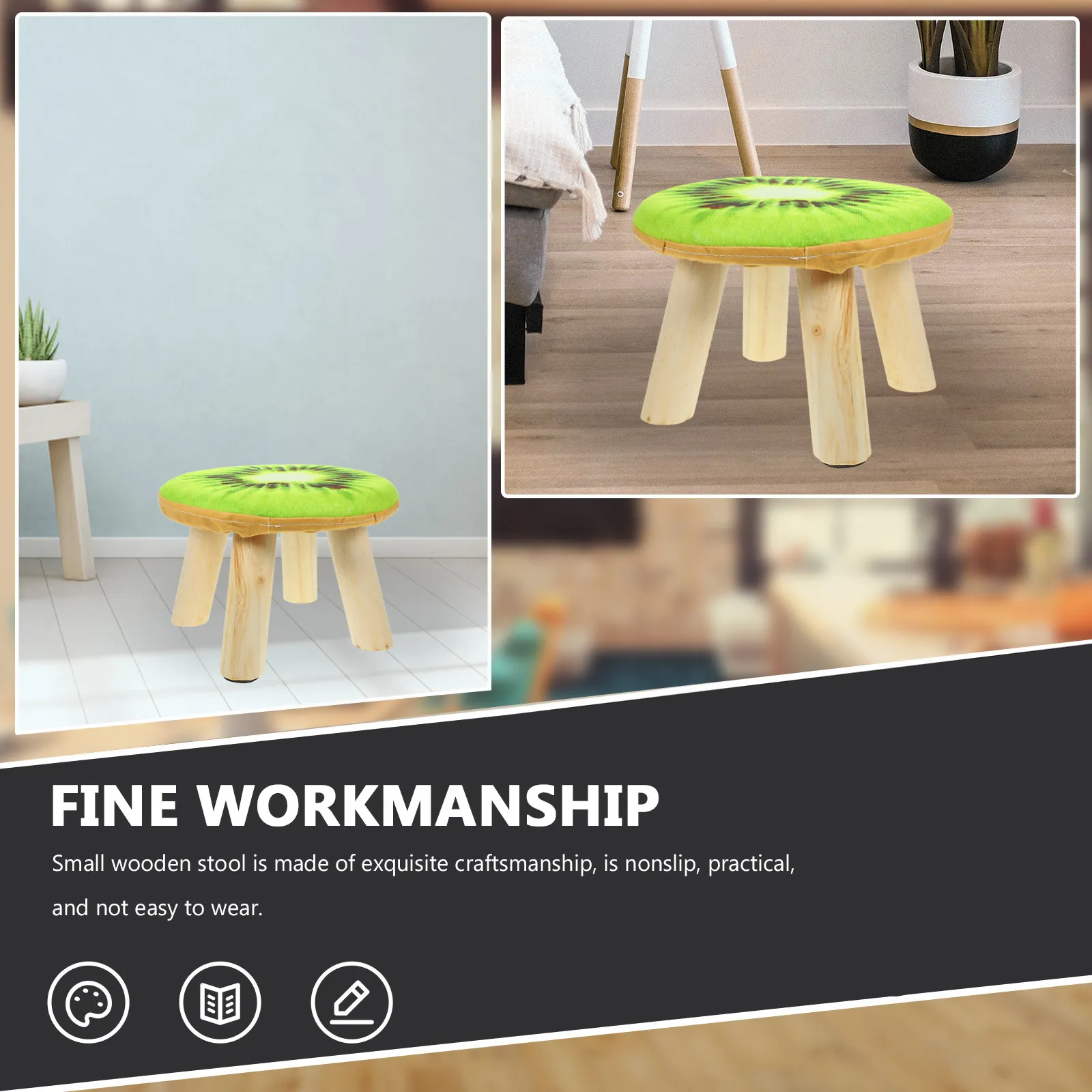 

Solid Wood Stool Fruit Pattern Sponge Seat Cushion Easy Clean Reusable Lightweight Smooth Edges Non Slip Decorative Home Use