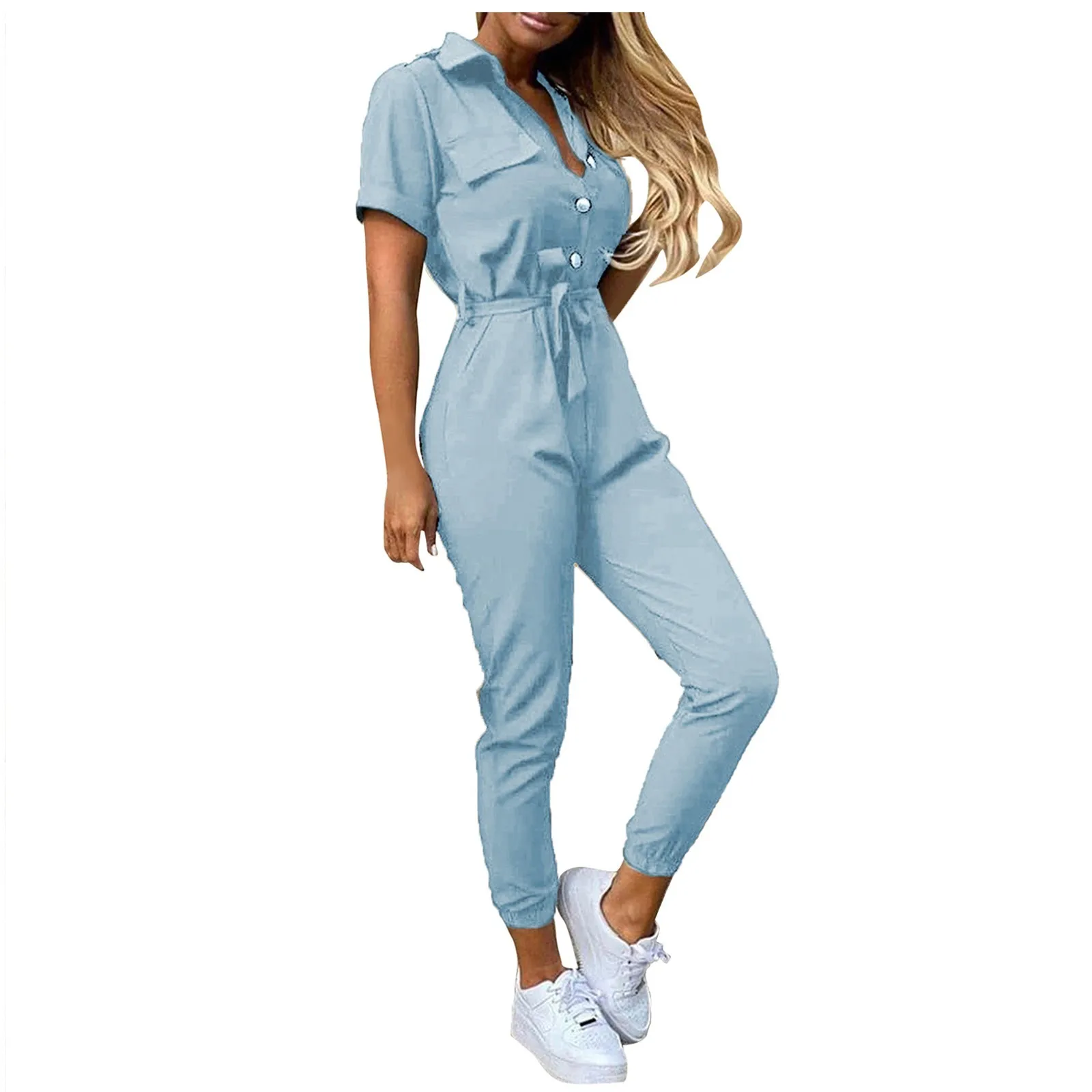 Jumpsuit kargo wanita, jumpsuit kargo musim panas kasual kerah bertali Solid lengan pendek, jumpsuit sederhana harian berpergian pas