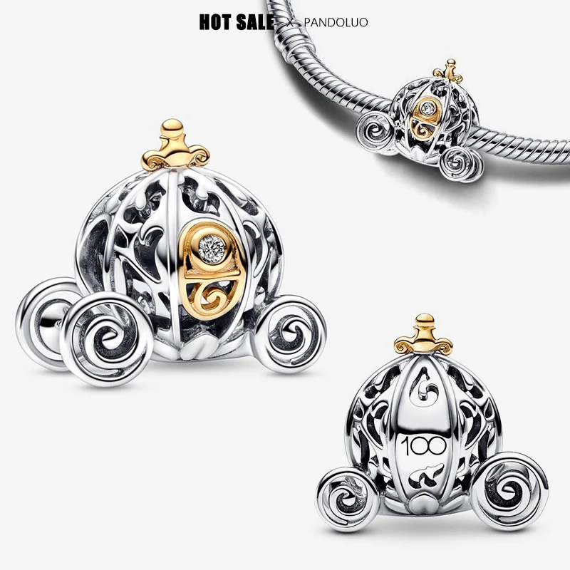 Disney 100th Anniversary Cinderella's Enchanted Carriage Lab-grown Diamond Charm Fits Pandora Bracelet Women 925 Silver Jewelry