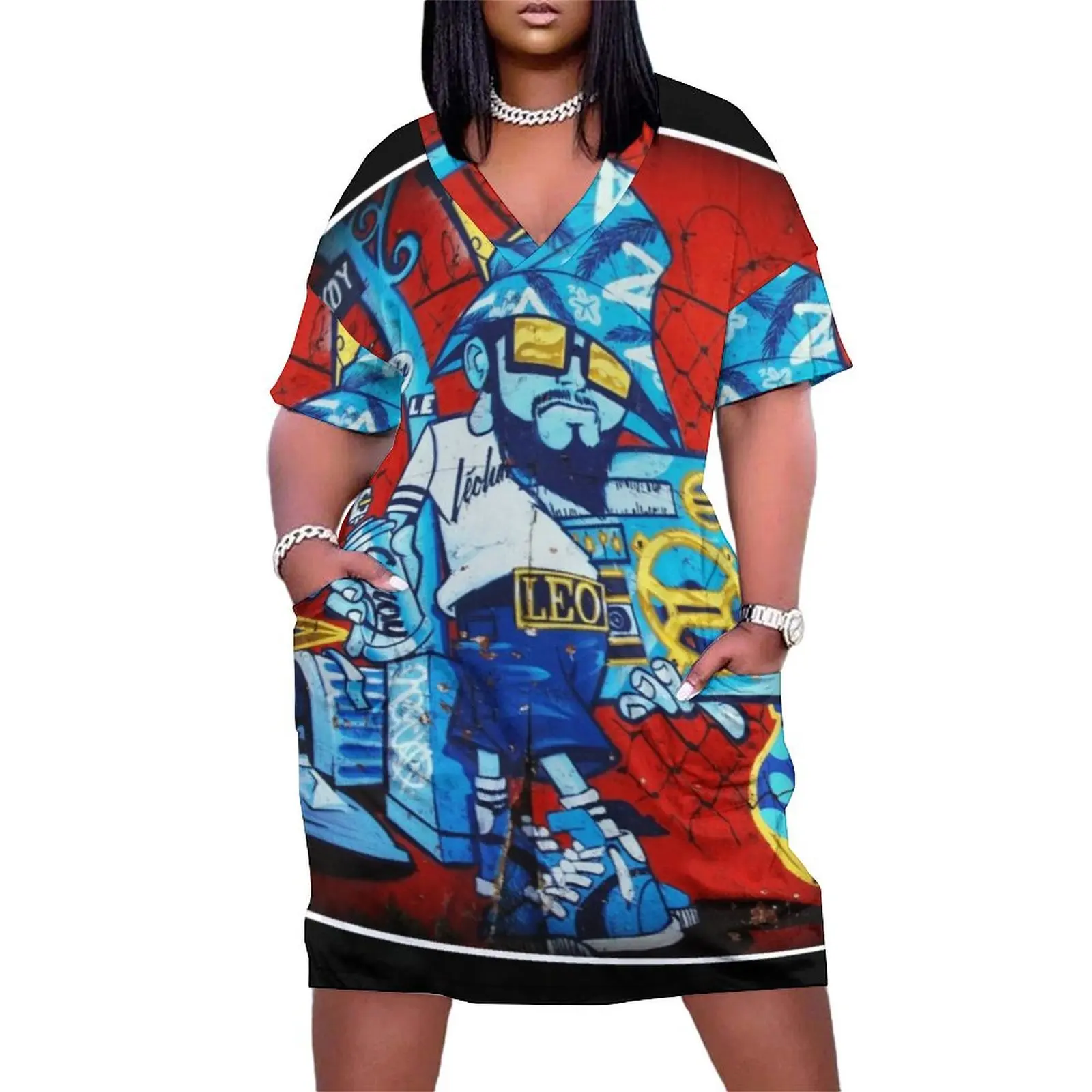 Vestido holgado de estilo b-boy para mujer, ropa de graduación con estampado de grafiti de la vieja escuela de 80 pulgadas, 2024, novedad de 2024