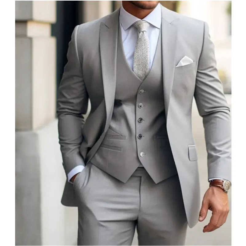 Grey Men Suits 3 Pieces Jacket Pants Vest Single Breasted Peaked Lapel Wedding Groom Formal Bespoke Male Sets ropa hombre