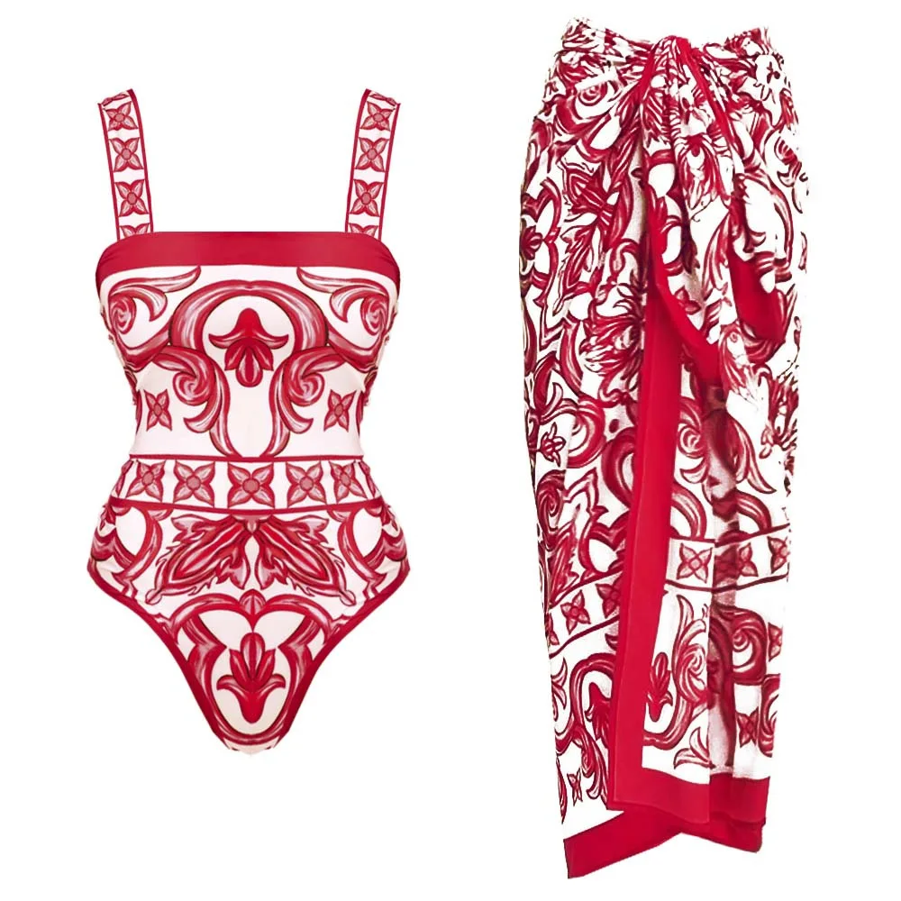 2025 Rood sexy badpak met cover-up luxe vrouw badmode zwemkleding vrouwelijke afslankende bodysuit chique strandkleding