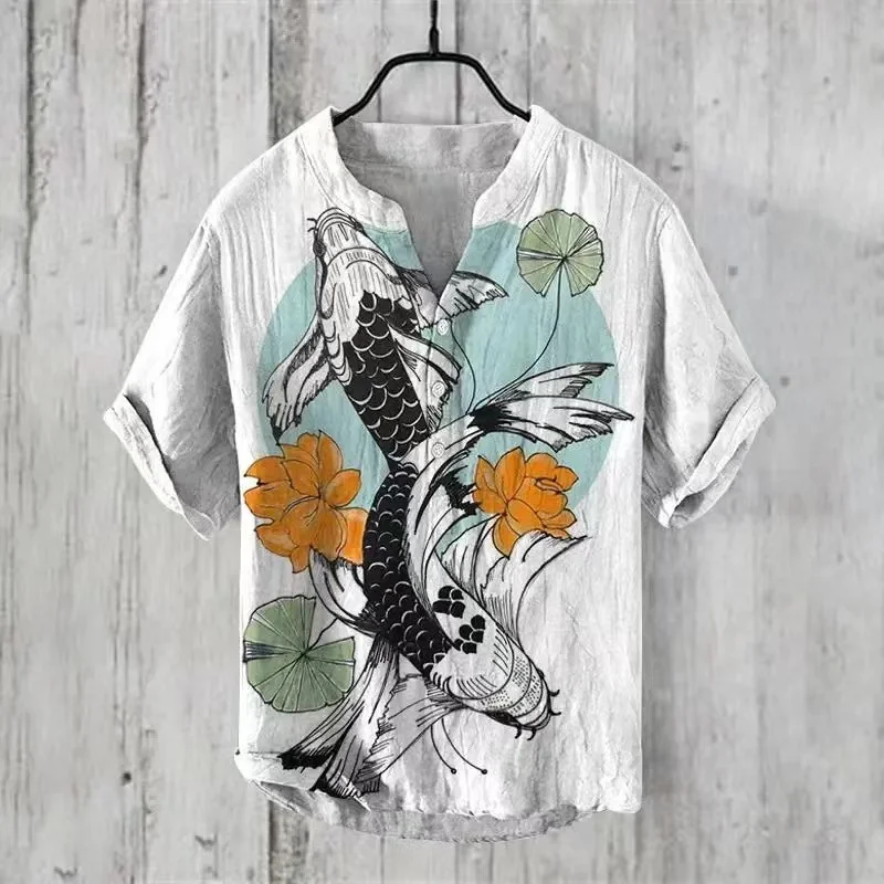 Men's Linen V-neck Shirt Hawaiian Men's T-shirt 2024 New 100% Linen Shirt HD Pattern Plus Size White Crane Landscape Painting