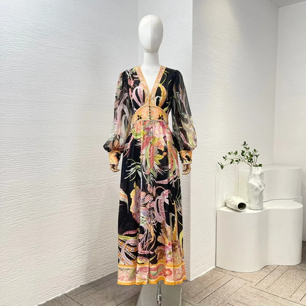 

2024 Spring Black Flower Print Long Sleeve Diamonds Ankle Dress