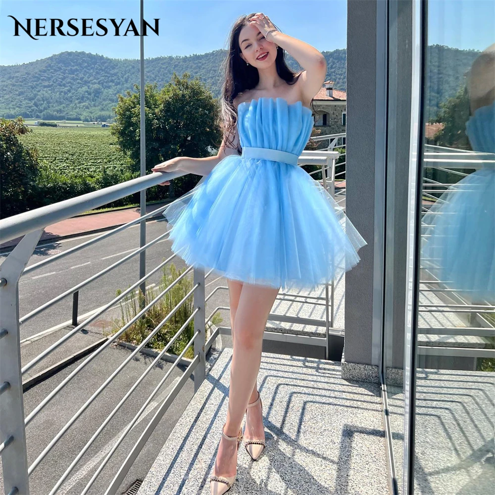 

Nersesyan Sky Blue Mini Formal Prom Dresses Ruched Off Shoulder A-Line Backless Evening Dress Graudation Pageant Party Gowns