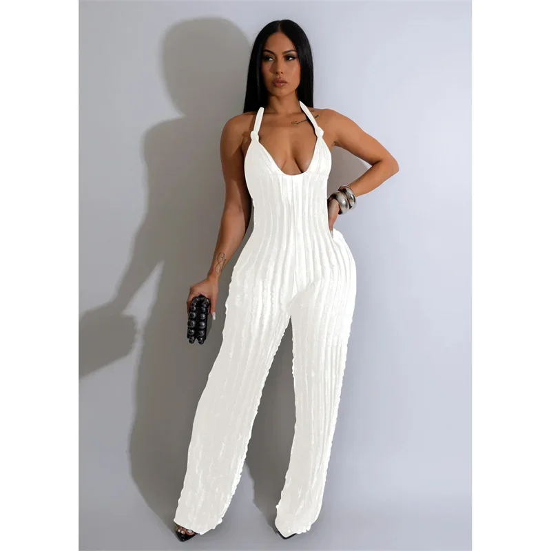 Women Hanging Neck Lace-up Jumpsuit Straight Pants Backless Sleeveless Rompers Female Mesh Stripe Deep V Neck One-piece Trousers