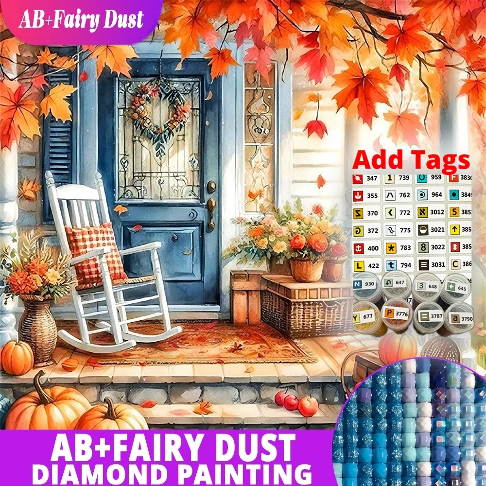 AB Fairy Dust Full Square Round Diamond Mosaic Autumn Porch Rocking Chair Pumpkin Maple Landscape Painting Embroidery Wall Art D