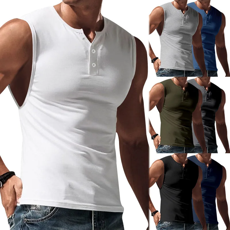 2024 Men's Light Plate Solid Summer Sports Tank Top Wide Shoulder Men's Henry Shirt Slim Fit Sleeveless T-shirt Men's