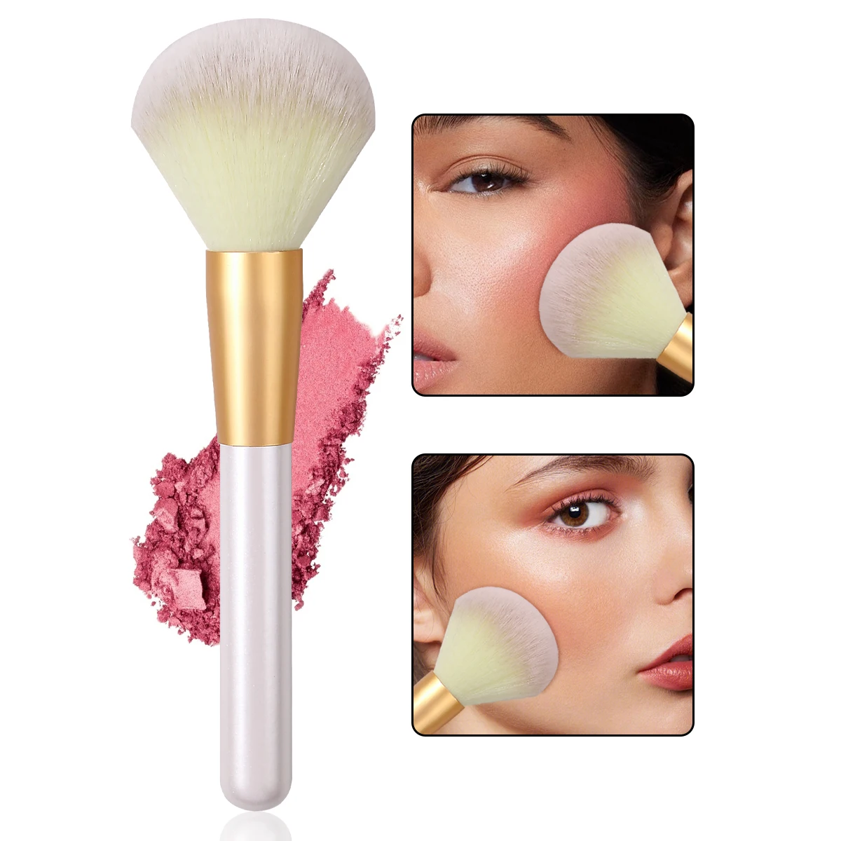 1 peça de escova de blush com cabo de madeira perolada bege, escova de contorno de cabelo macio de alta qualidade, multifuncional facial de alto brilho