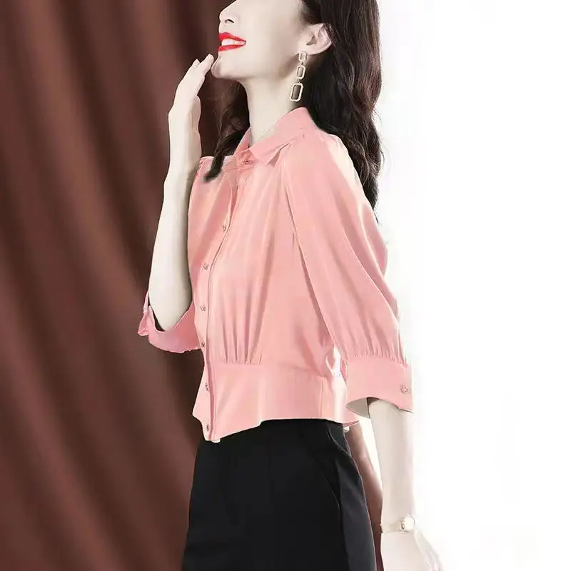 Summer New Polo Neck Plus Size Office Blouse 3/4 Sleeve Solid Slim Pleated Temperament Shirt Tops Elegant Fashion Women Clothing