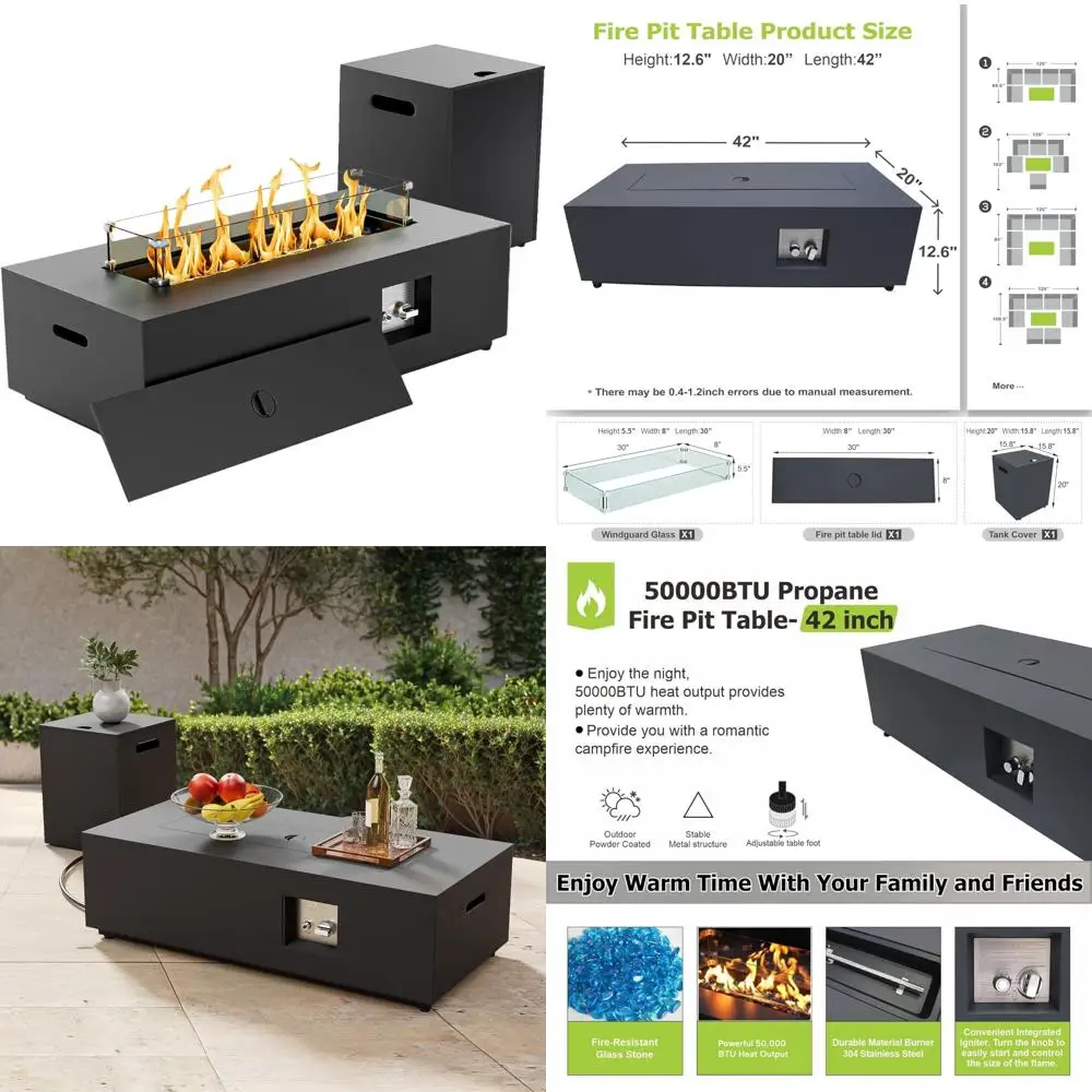 

42-дюймовый прямоугольный стол для костра на пропане с разрешением 50 000 БТЕ, защитой от ветра, крышкой, камнями и крышкой — уличный камин