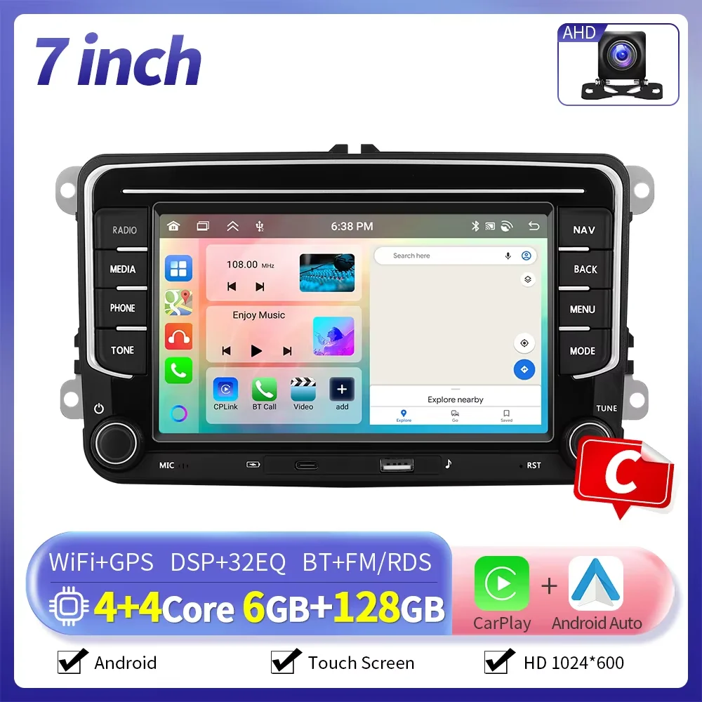 Podofo 7/8/9 inch 6+128GB Android autoradio GPS Carplay voor VW Volkswagen Golf 5 6 Touran Passat B6 Polo Jetta Sharan Seat Skoda