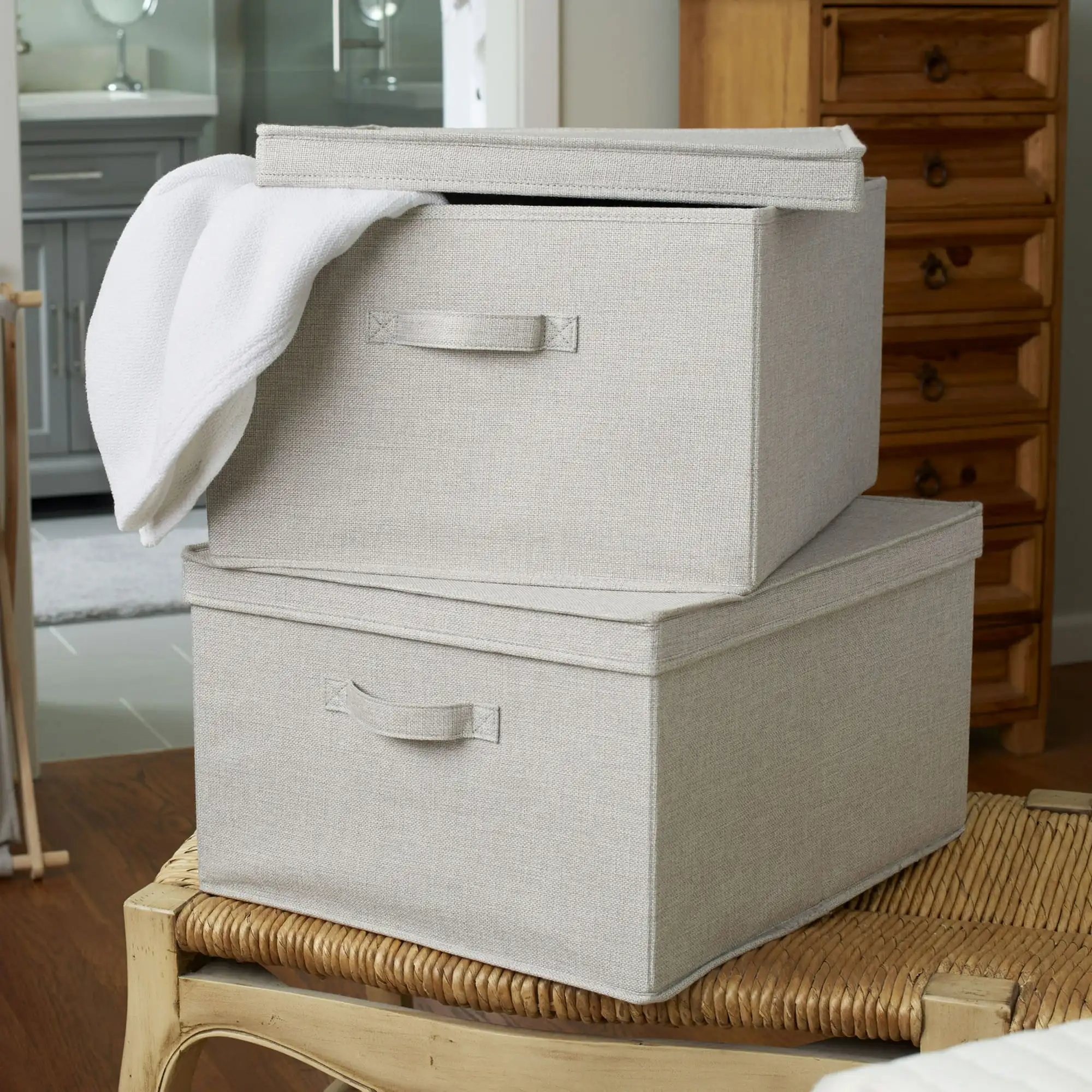 

Household Essentials 2-Pk Jumbo Fabric Storage Bins – Reinforced Sides & Bottom | Luxe Poly-Linen, Gray