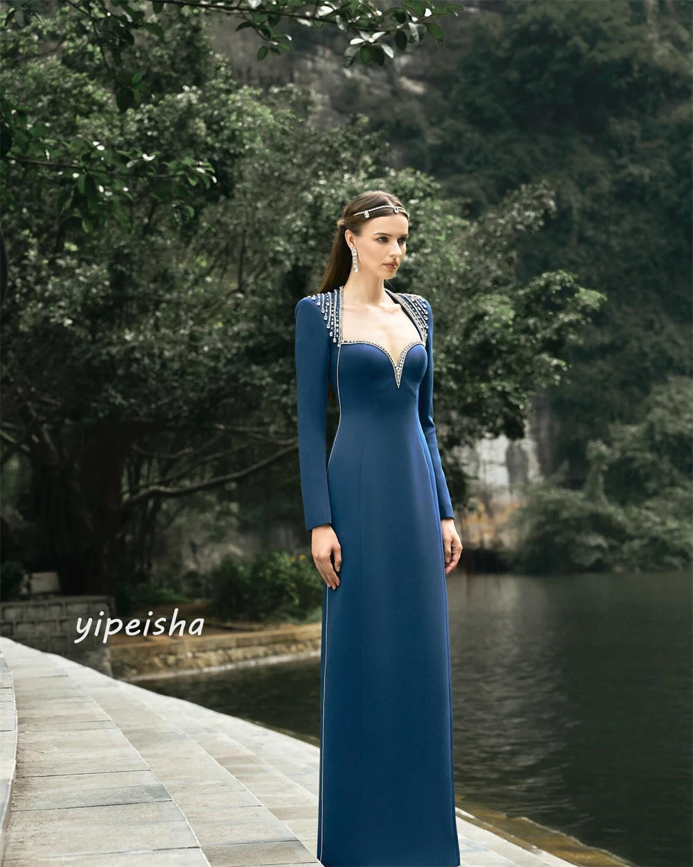 Jersey Beading Draped Valentine's Day A-line Sweetheart Bespoke Occasion Gown Long Dresses