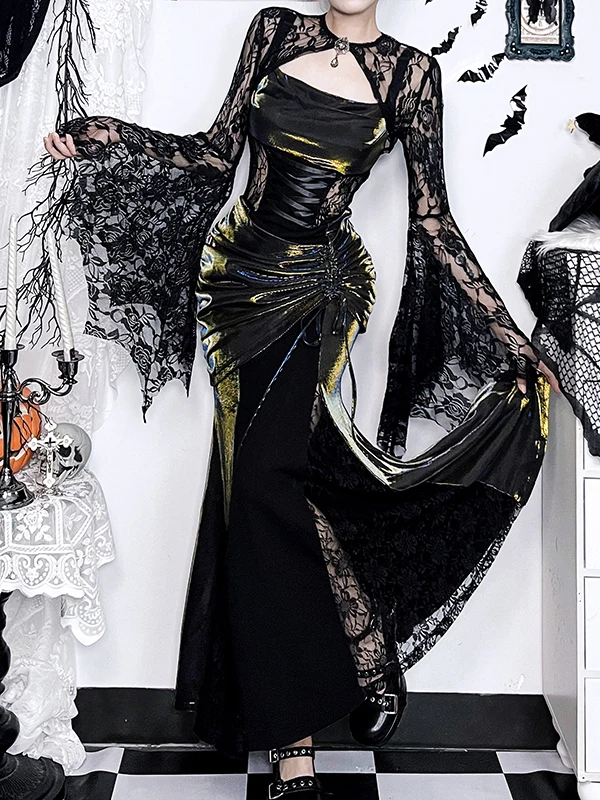 

Готический черный Хэллоуин Dr, кружевная блузка, женская длинная юбка с хвостом, комплект из двух предметов, платье с высокой талией, полиэфирное волокно
