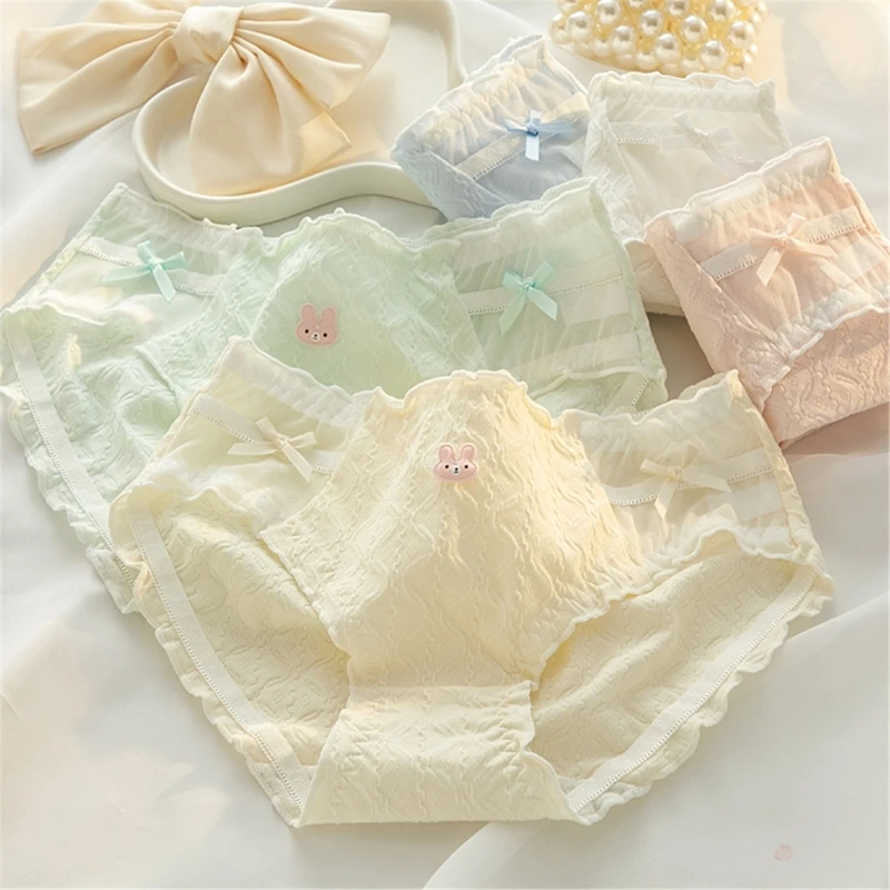 Fashionable Rabbit Bowknot Cotton Knickers for Women Girls Japanese Aesthetic Ruffled Underwear Panties Briefs