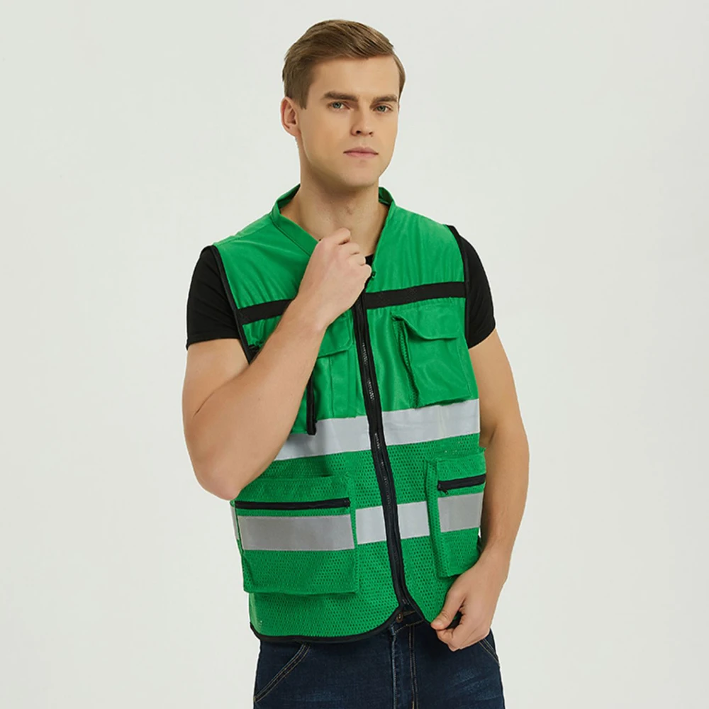 15 Pack Reflective Safety Vests - High Visibility Construction Vests With Pockets (Medium, Green)