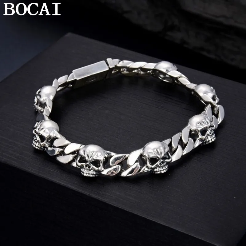 

BOCAI New 100% S925 Silver Jewelry Domineering Skull 8MM Trend Student Retro Personality Hip Hop Punk Men Bracelet