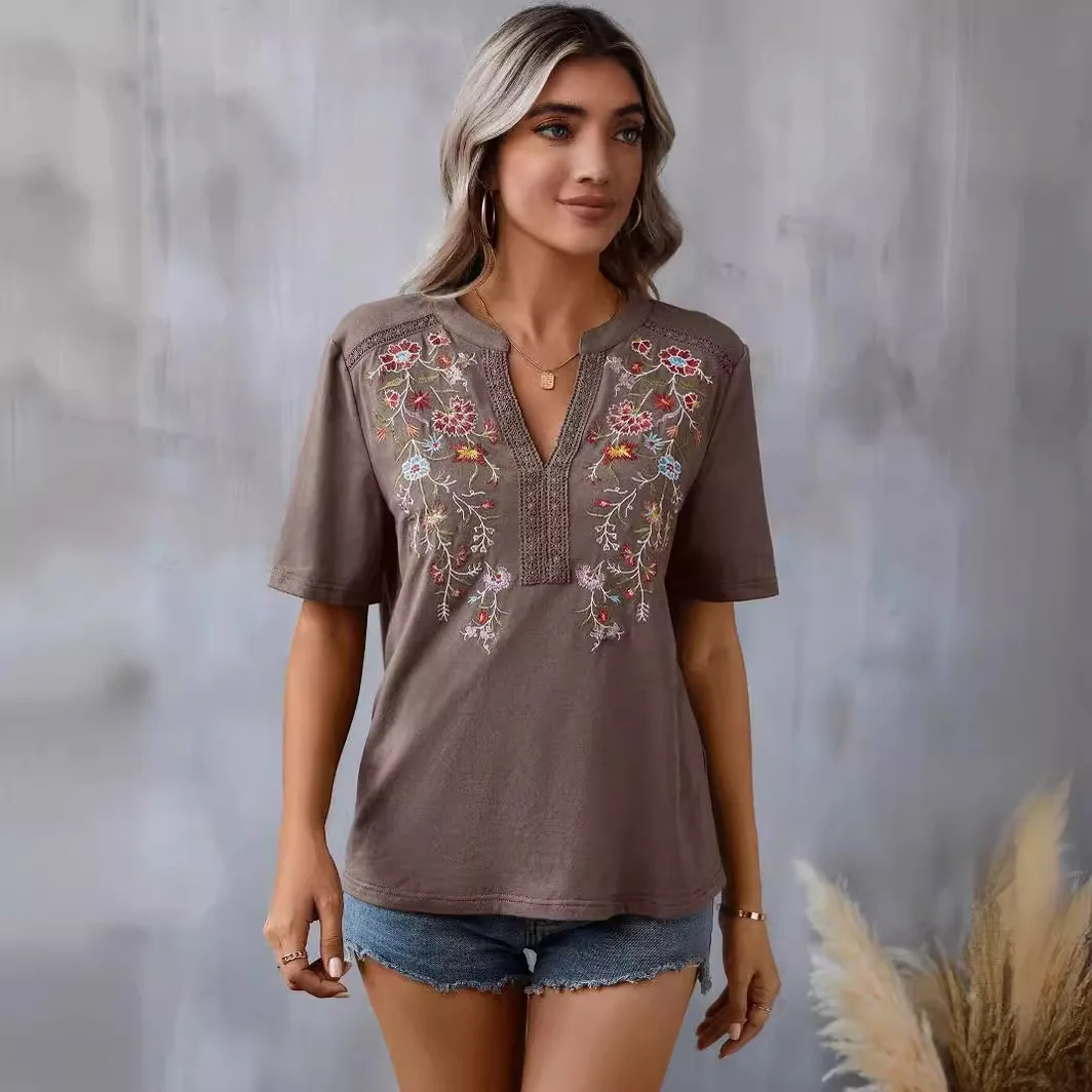 Lace Embroidery Shirt Women Summer Casual Loose Short Sleeve Shirts For Women 2024 Vintage Blace Pullover Blouse Tops Femme