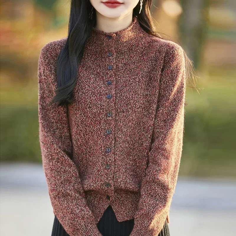 

100% Wool Winter New Women's Wool Knitted Pattern Cardigan Long Sleeve Button Half Height Sweater High Quality Loose Top