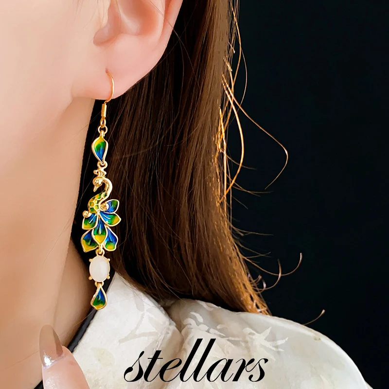 

Gold Plated Peacock Petal Enamel Drip Ear Hooks New Chinese Style Fashionable Light Luxury High-End Women Jewelry