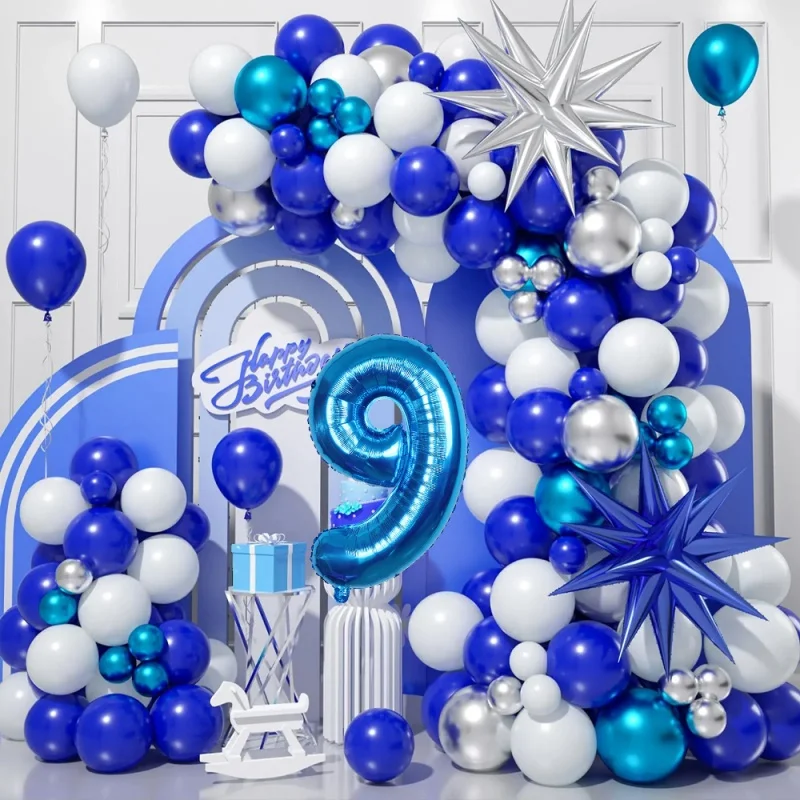 

Blue Theme 9th Birthday Balloon Arch Garland Kit - Silver Starburst Balloons with Happy Birthday Sign for Kids Party Decor
