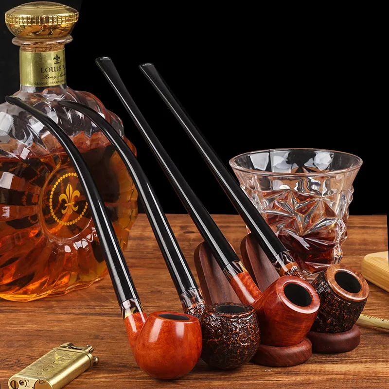 

Heatherwood Long Handle Extended Color Ring Reading Pipe Old-fashioned Handmade Men's Solid Wood Pipe 3mm Smoke Channel Filter