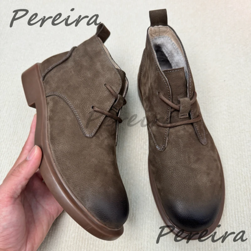 

Autumn Winter Warm Short Boots for Men Retro Cowhide Soft Soled Round Toe Lace-Up Ankle Bootis Comfortable Male Shoes