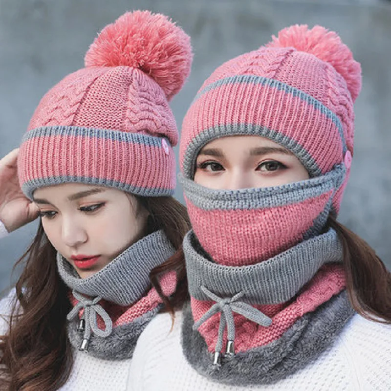 Winter Women's Knit Hat New Youth Winter Thick Plus Cashmere Warm Masks Hat Scarf Autumn Wool Ball Cover Ear Collar Three Set