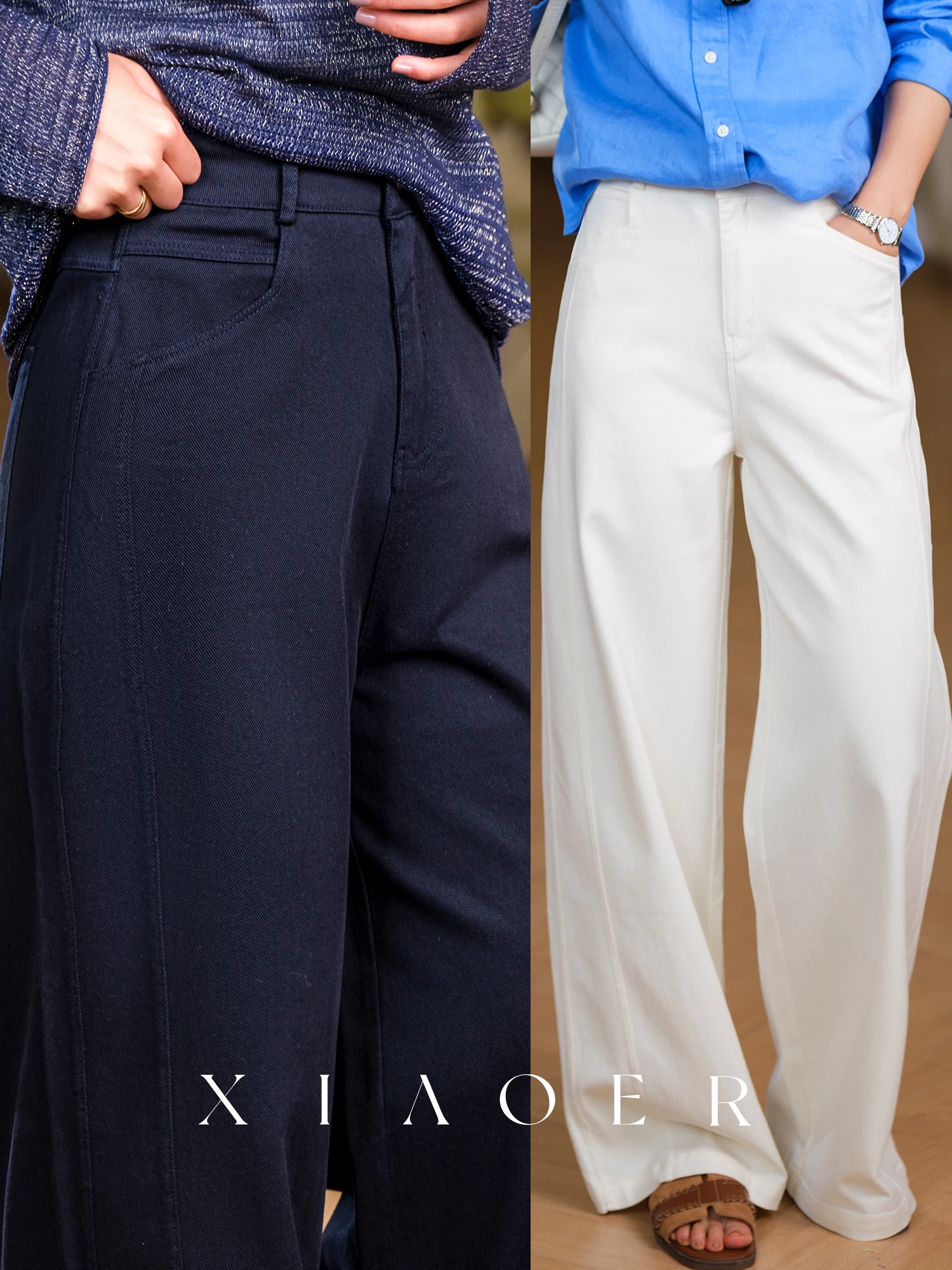 

High Waist Straight Leg Jeans Dual Color Side Double Stitched Lenzing Cotton Women's Floor Length Trousers Spring Season