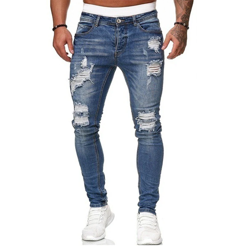 2025 Men Jeans Knee Hole Ripped Stretch Skinny Denim Pants Solid Color Black Blue Autumn Summer Hip-Hop Style Slim Fit Trousers