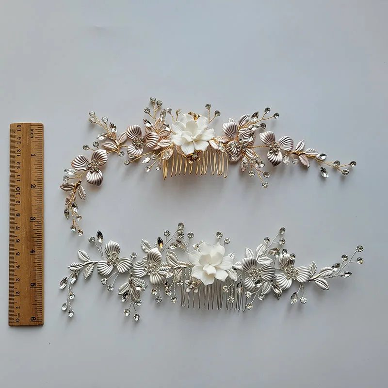 SLBRIDAL Handmade Ins Style Ceramic Flower Leaf Rhinestones Pearl Bridal Hair Comb Wedding Headband Hair Accessory Women Jewelry