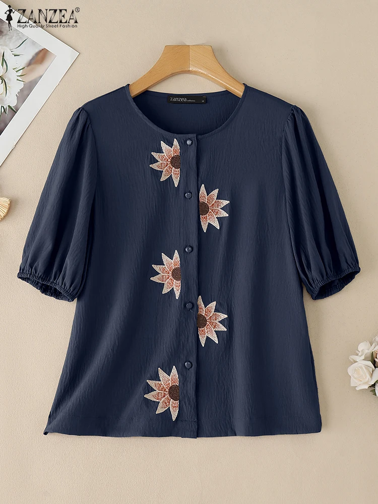 

Printed Shirts Women Spring Blusas Fashion Half Sleeve Tops Casual Loose Vintage O Neck Buttons Tunic 2025 ZANZEA S-3XL