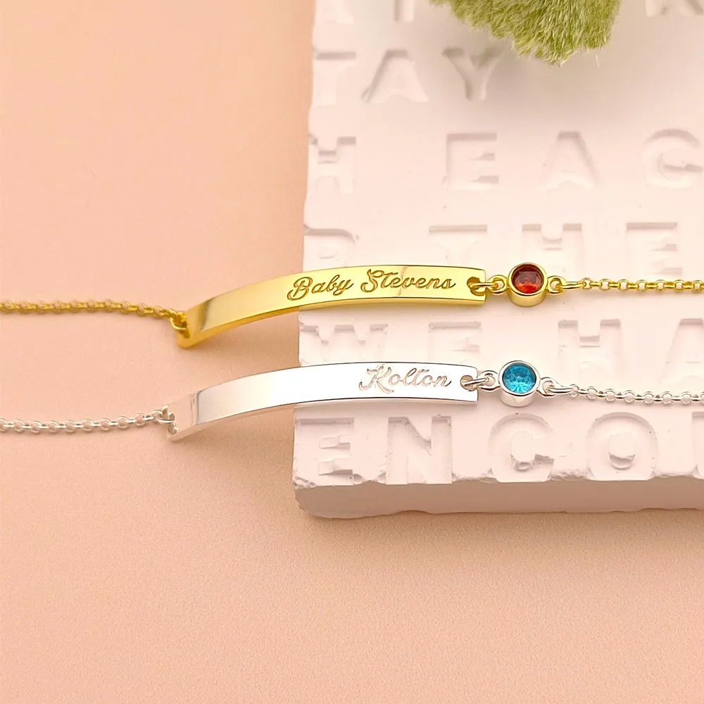 

Engraved Name Bar ID Bracelet Custom Jewelry Personalized Name Birthstone Bracelet Mother's Day Gift for Women Mom
