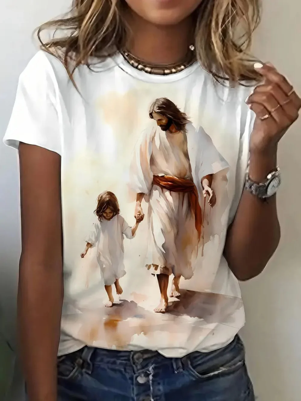 Women Animal Funny T Shirt Short Sleeve T Shirt 3D Printed O-Neck Shirt Jesus Cat Rabbit Graphic Summer Casual Women's Clothing
