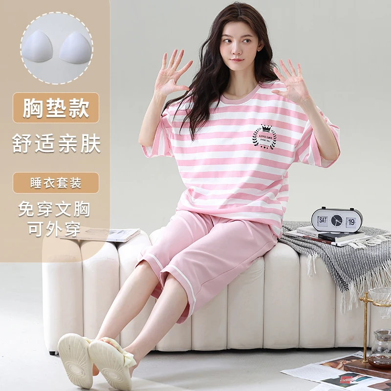 Summer M-5XL Short Sleeve Striped Sleepwear With Chest Pad Women Knited Cotton Short Top+Calf-Length Pants Pajamas Set 2