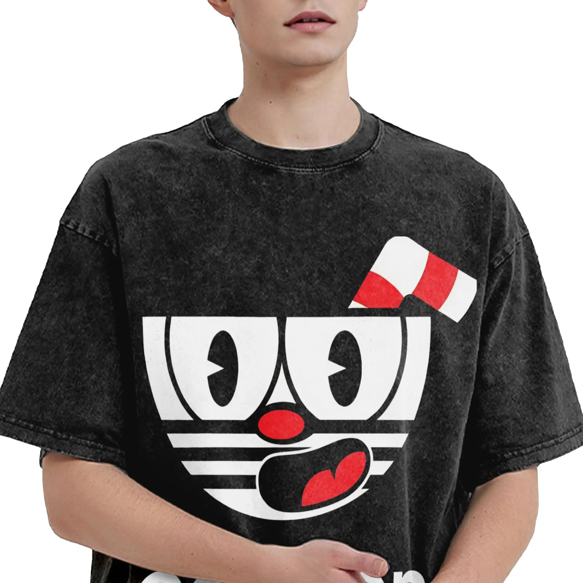 Cuphead and Mugman cup mug T Shirts Hip Hop Washed Short Sleeve Oversize T-Shirt  Novelty Men Women Streetwear Summer Tops Tees